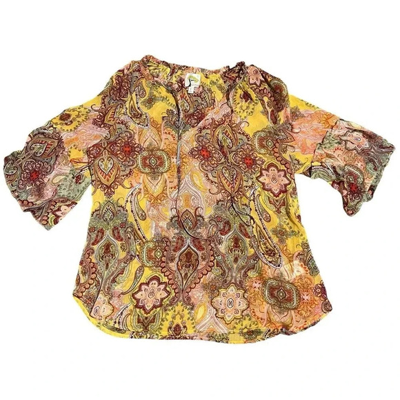 Fig and Flower Paisley Floral Top Sheer Puff Sleeve Peasant Size Large Boho - Picture 1 of 4